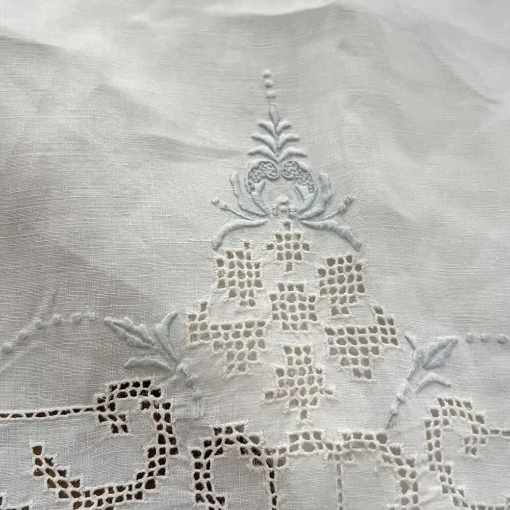 Antique Batiste White Linen Tablecloth Floral Lace Raised Embroidery 103 x 69" - Picture 5 of 13